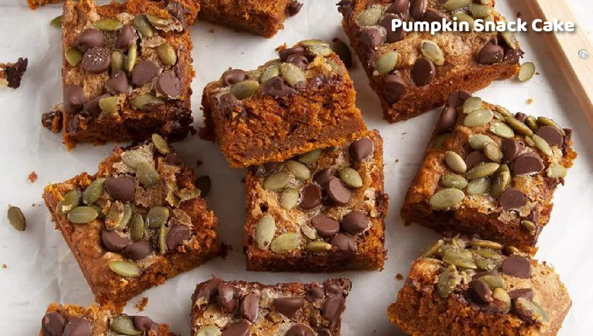 Pumpkin Snack Cake sliced in squares