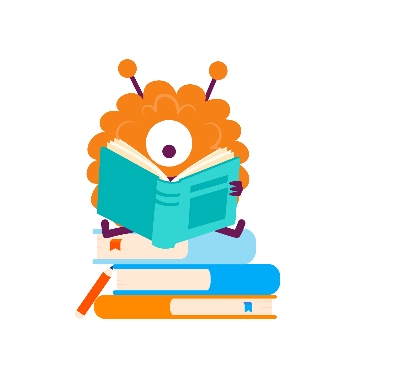 A cute monster reading a book and learning on KidsBeeTV app for kids