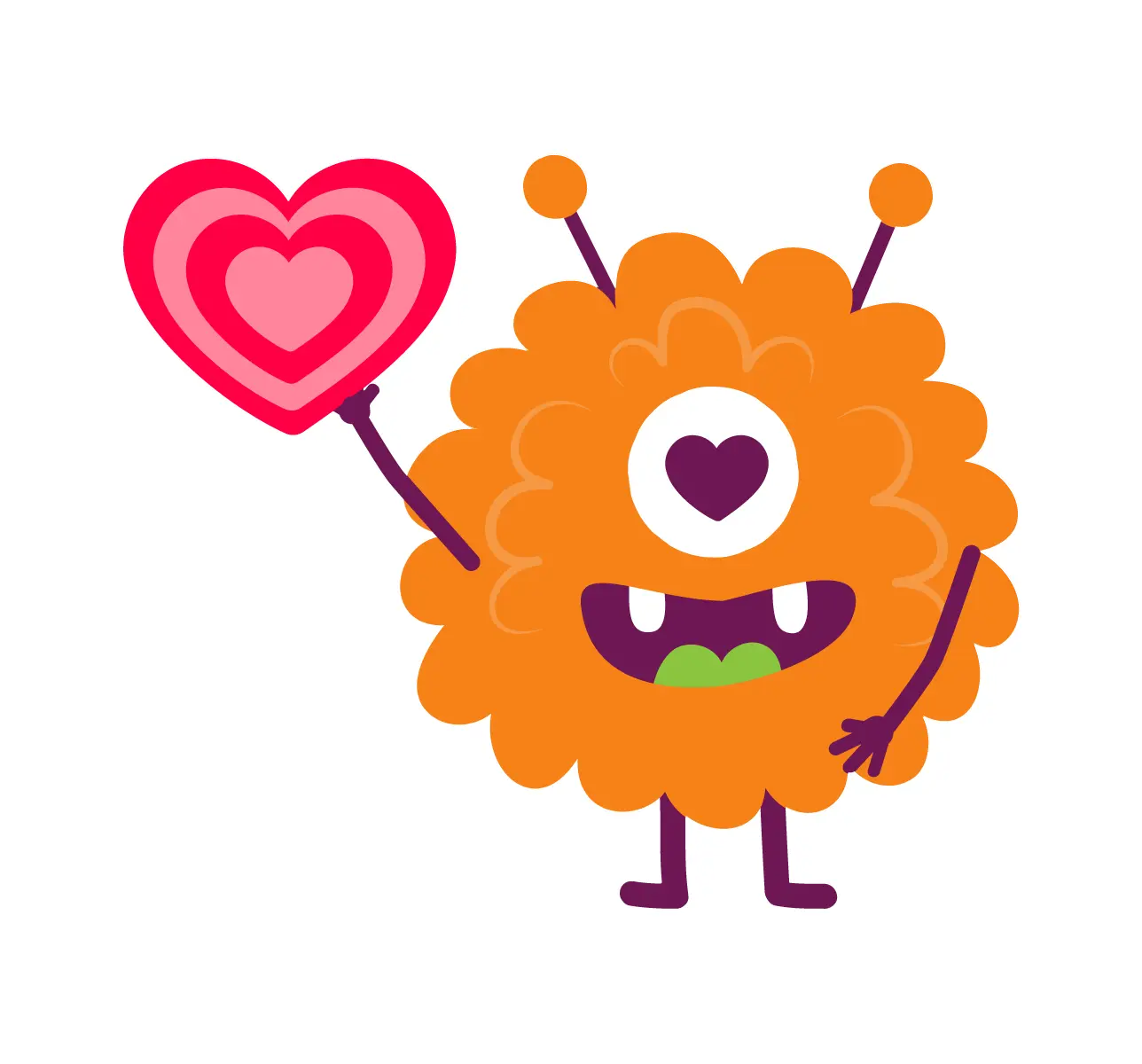 A cute little monster with a heart, loving to use KidsBeeTV app for kids