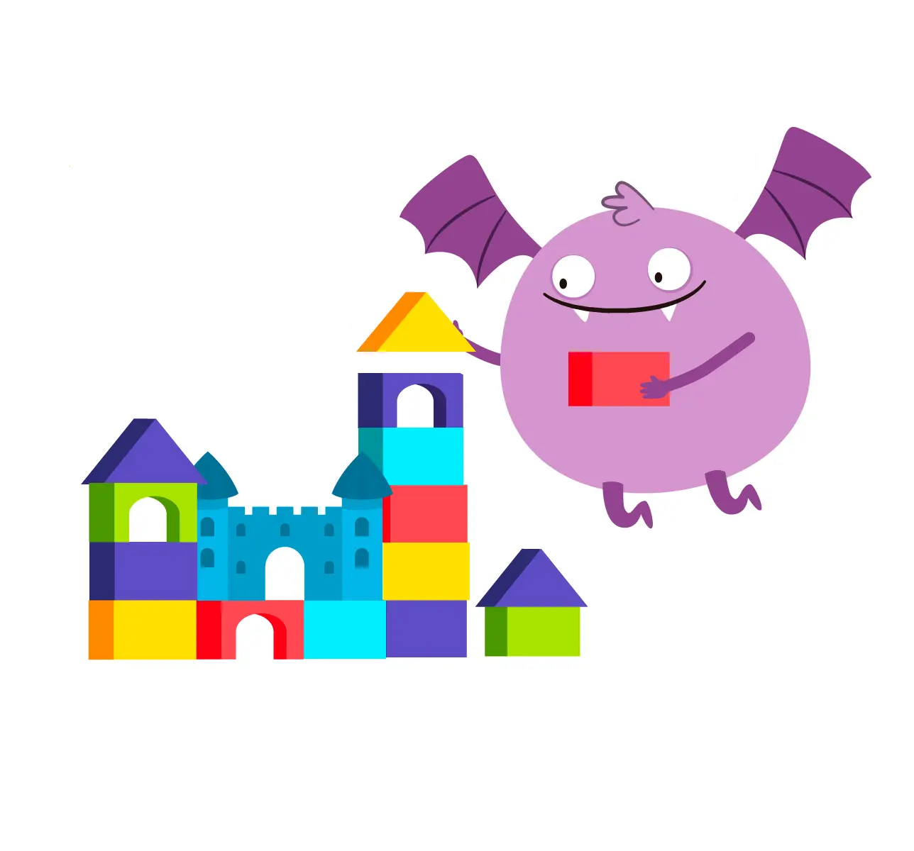 A cute monster playing with building blocks, a metaphor for how kids can build their skills with KidsBeeTV videos and games