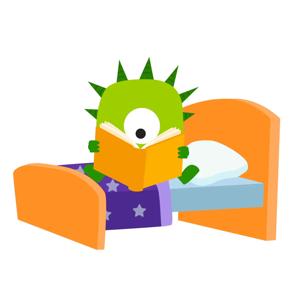 A cute monster reading a bedtime story on KidsBeeTV app for kids