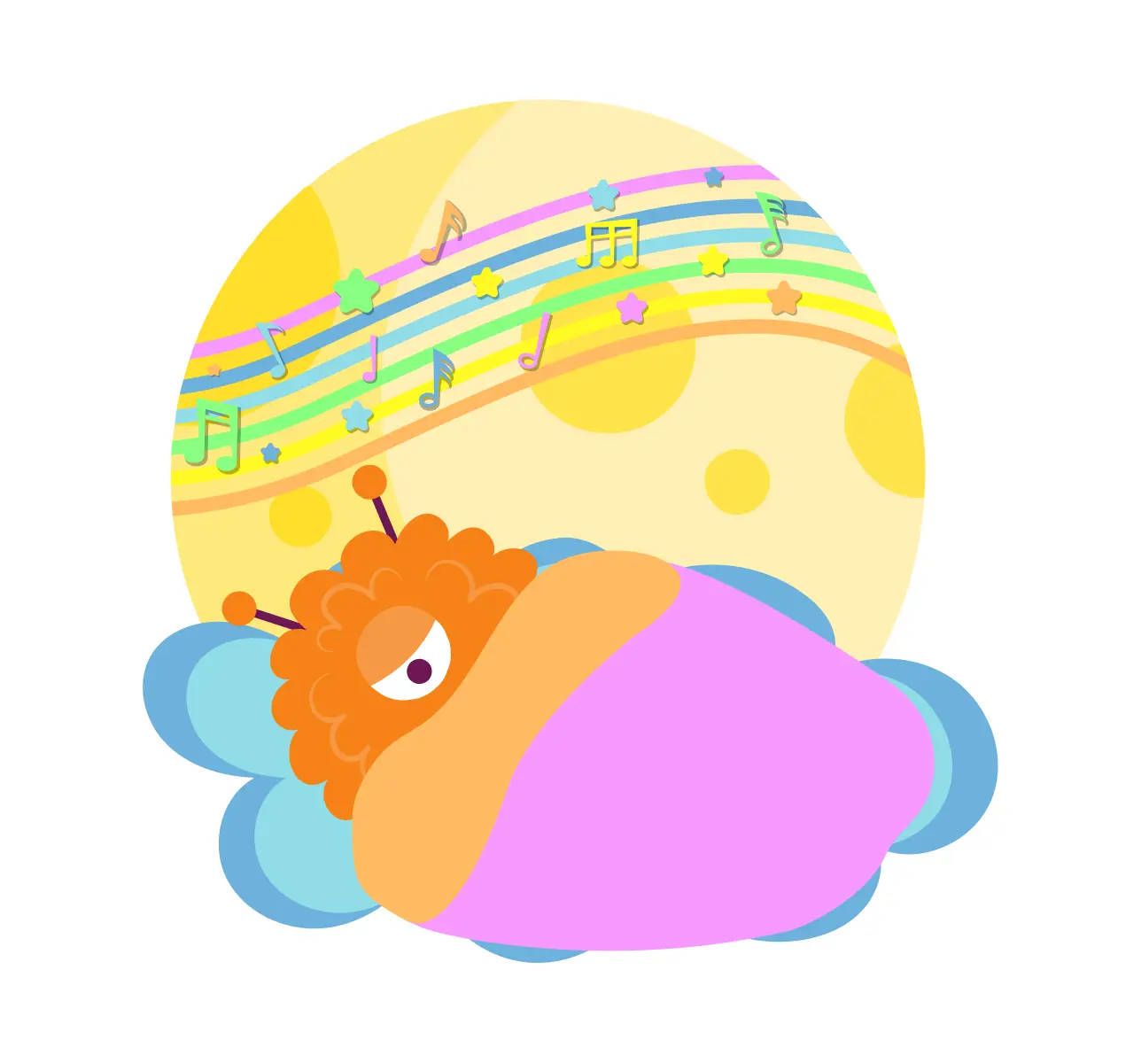 A cute monster sleeping in bed, with sleep music for kids playing in the background