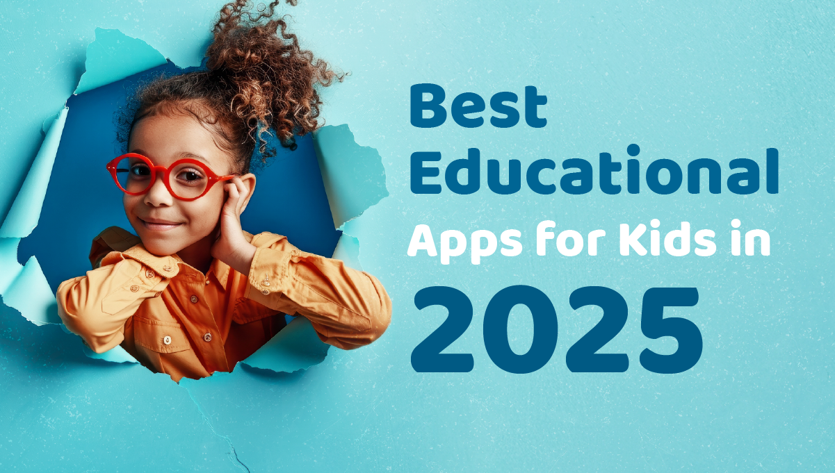 Curious girl with red glasses leans through a teal paper tear beside the headline “Best Educational Apps for Kids in 2025” – hero image introducing a roundup of top learning apps.