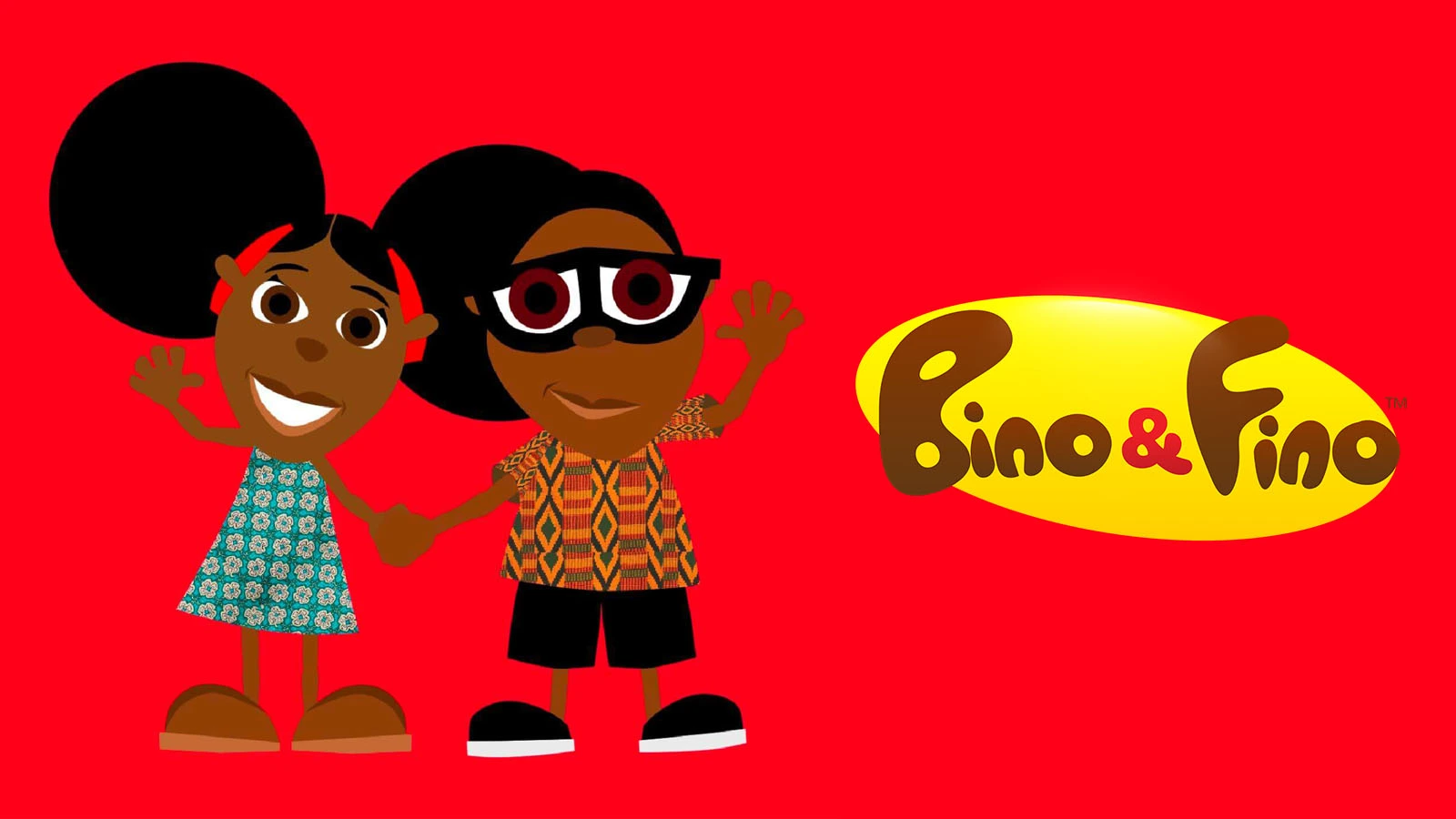 Smiling Nigerian siblings Bino and Fino hold hands on a bright red background—calm animation style for toddlers seeking low-stimulation kids shows	