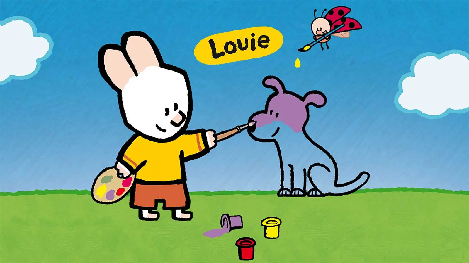Hand-drawn rabbit paints dog; watercolour sky conveys relaxing draw-along show for kids	