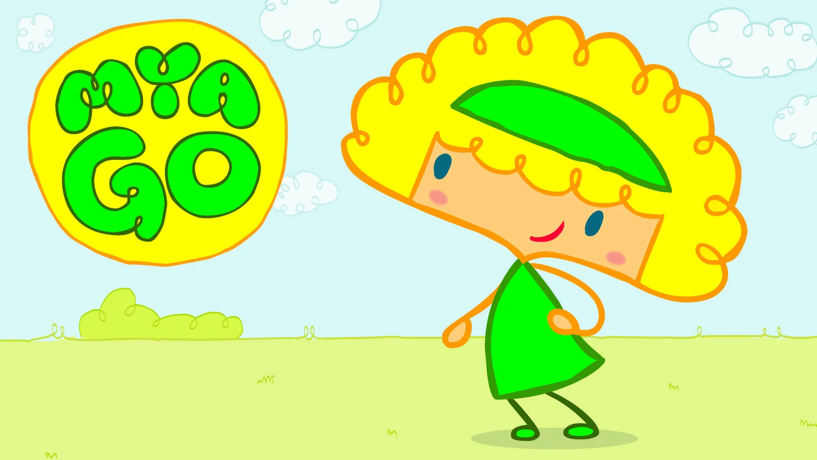 Minimalist green-and-yellow girl smiles in open field—perfect low sensory stimulation show for toddlers