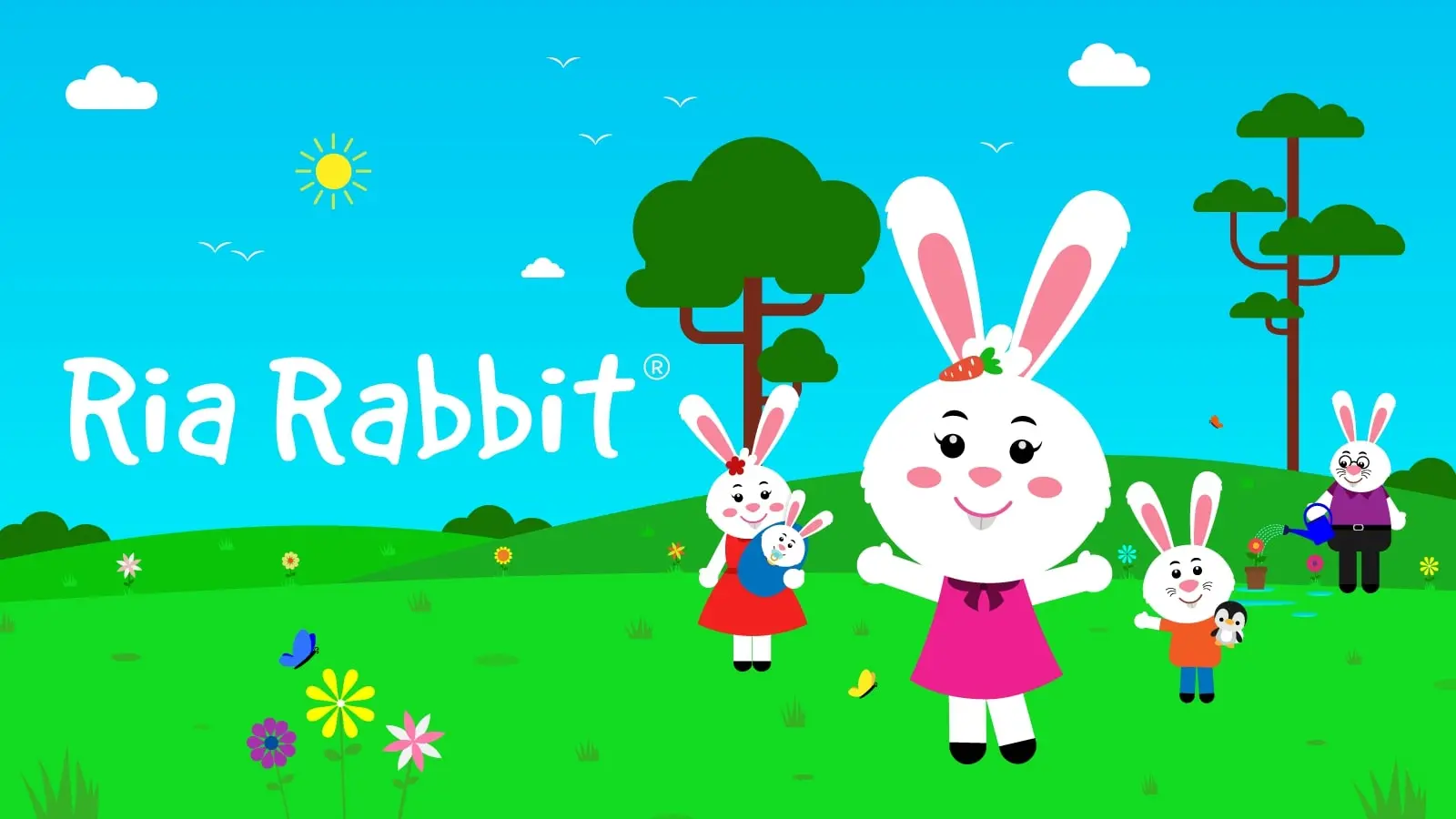 Ria Rabbit and family in quiet meadow scene; minimal motion encourages calm preschool viewing	