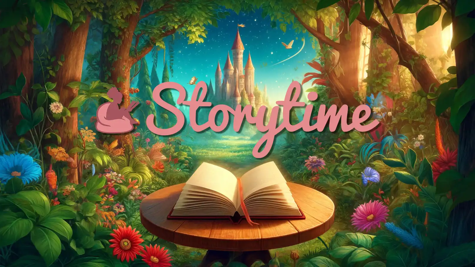 Open book on woodland table with castle in distance; soft pastel colours promote calm, low-stimulation storytime show