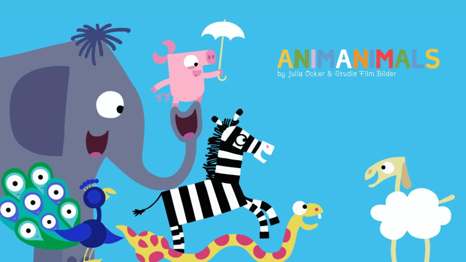 Elephant carries zebra, pig and friends in flat 2D art; mild colours suit low-stimulation toddler cartoons	