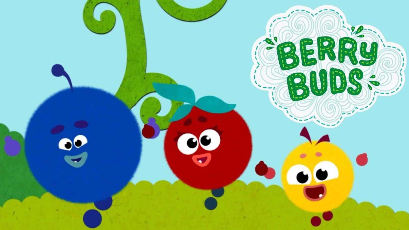Trio of fuzzy berries stroll through garden; muted sound cues aid low-stimulation viewing	