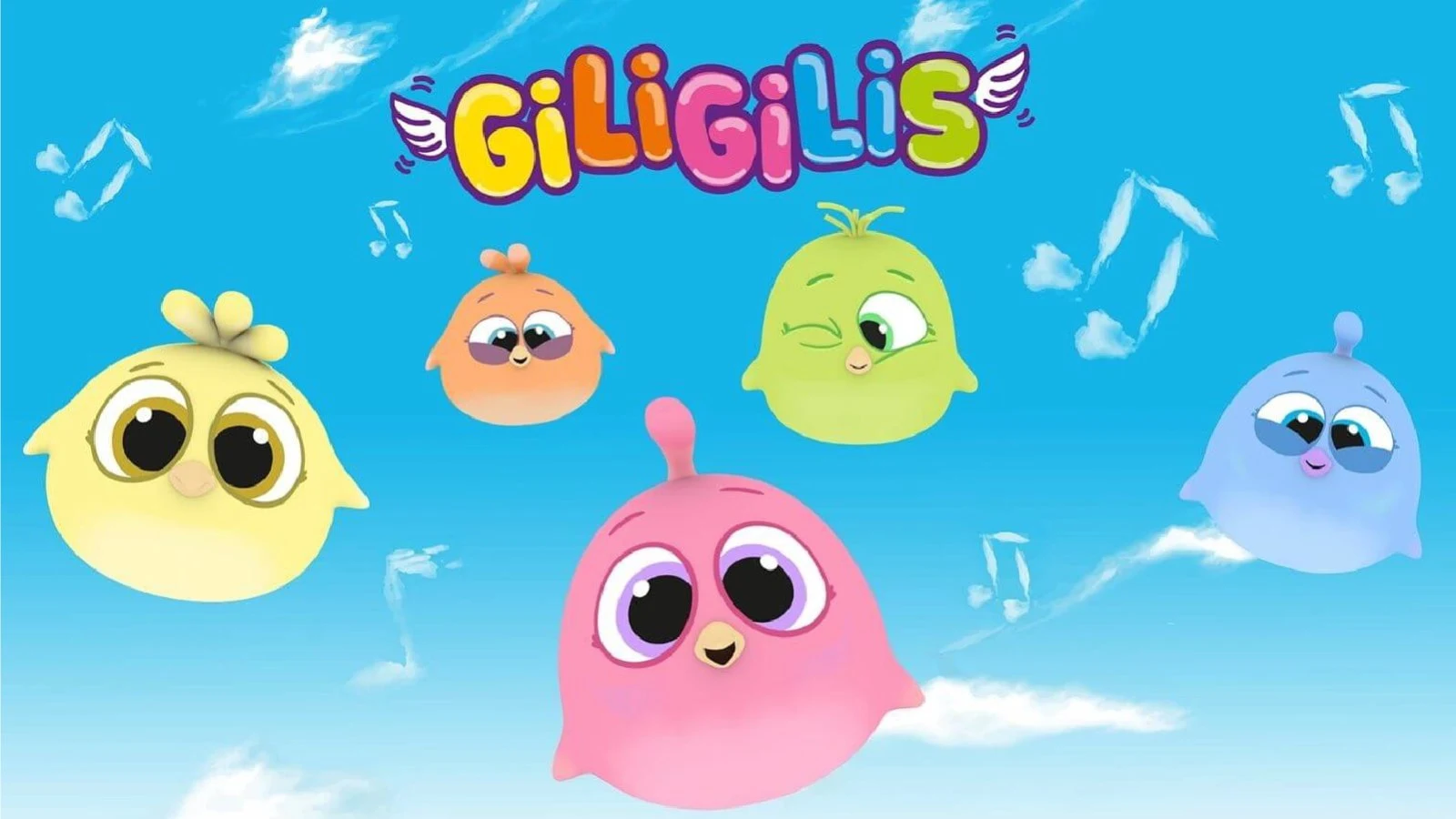 Five pastel bird blobs float on blue sky; no fast edits, a soothing low-stimulation show for toddlers focused on simple melodies