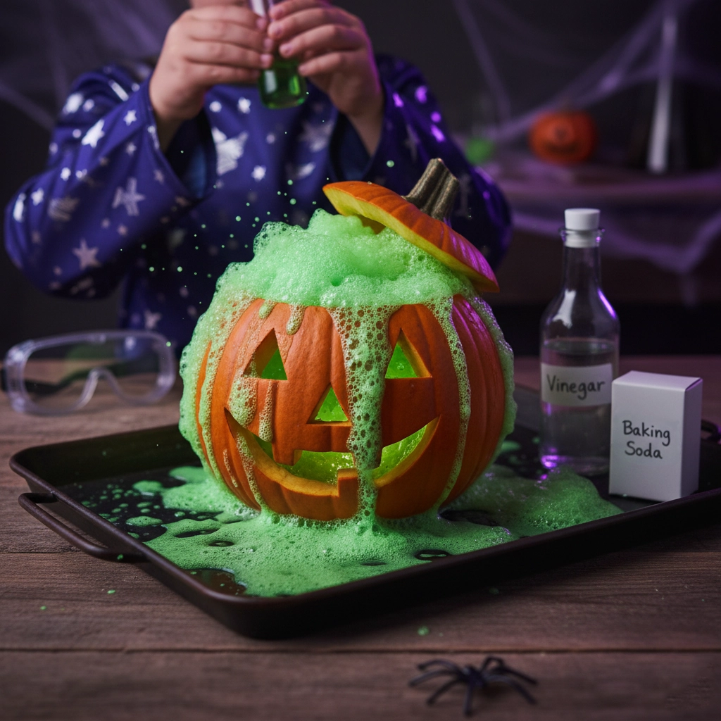 Kids Halloween Experiment: Oozing Pumpkin Fun Halloween experiments for kids – pumpkin volcano bubbling