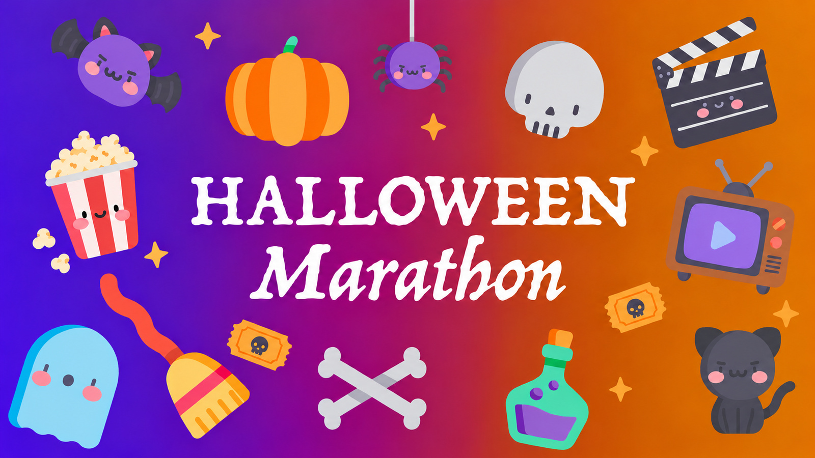 Halloween Marathon cover with a blue ghost, gray cat, pumpkin, popcorn and a movie clapperboard.