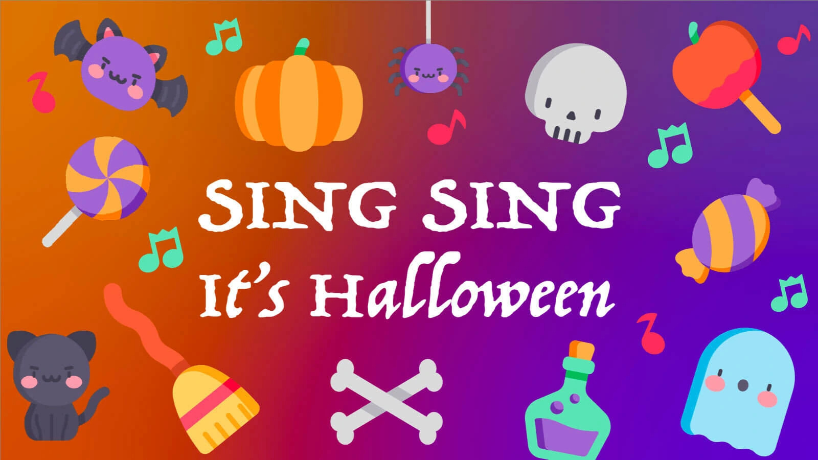 Halloween singing playlist artwork with pumpkins, music notes, a bat, candy, and a ghost.