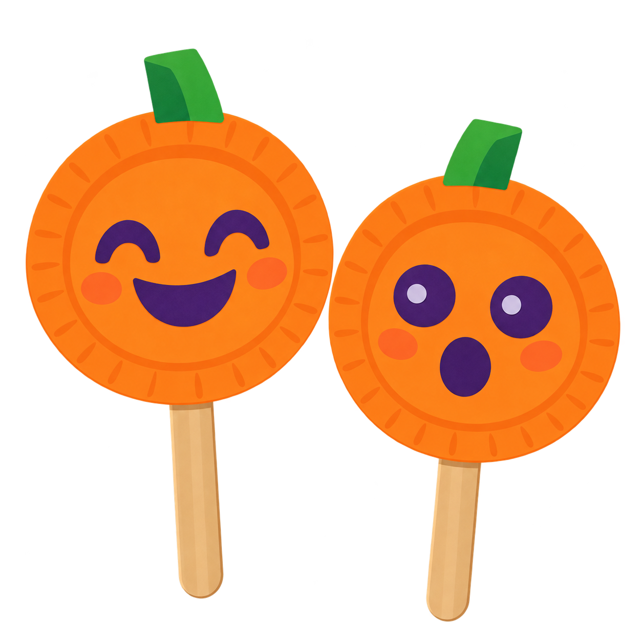 Two orange paper-plate pumpkin puppets for Halloween craft activities, one smiling and one surprised.